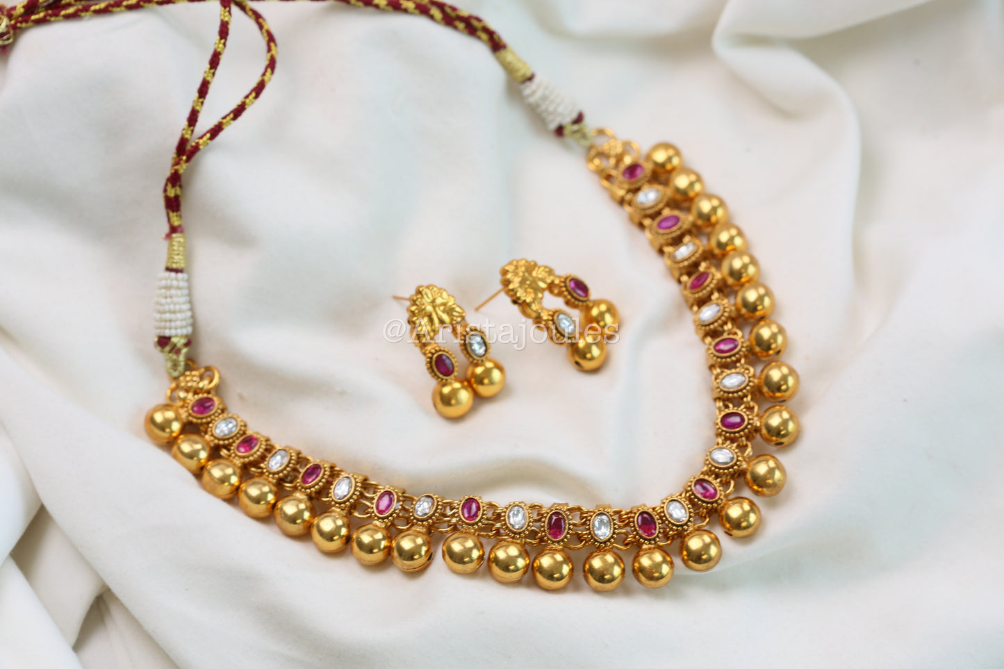 Rohini Antique Gold Kundan Necklace Set - Ruby Clear