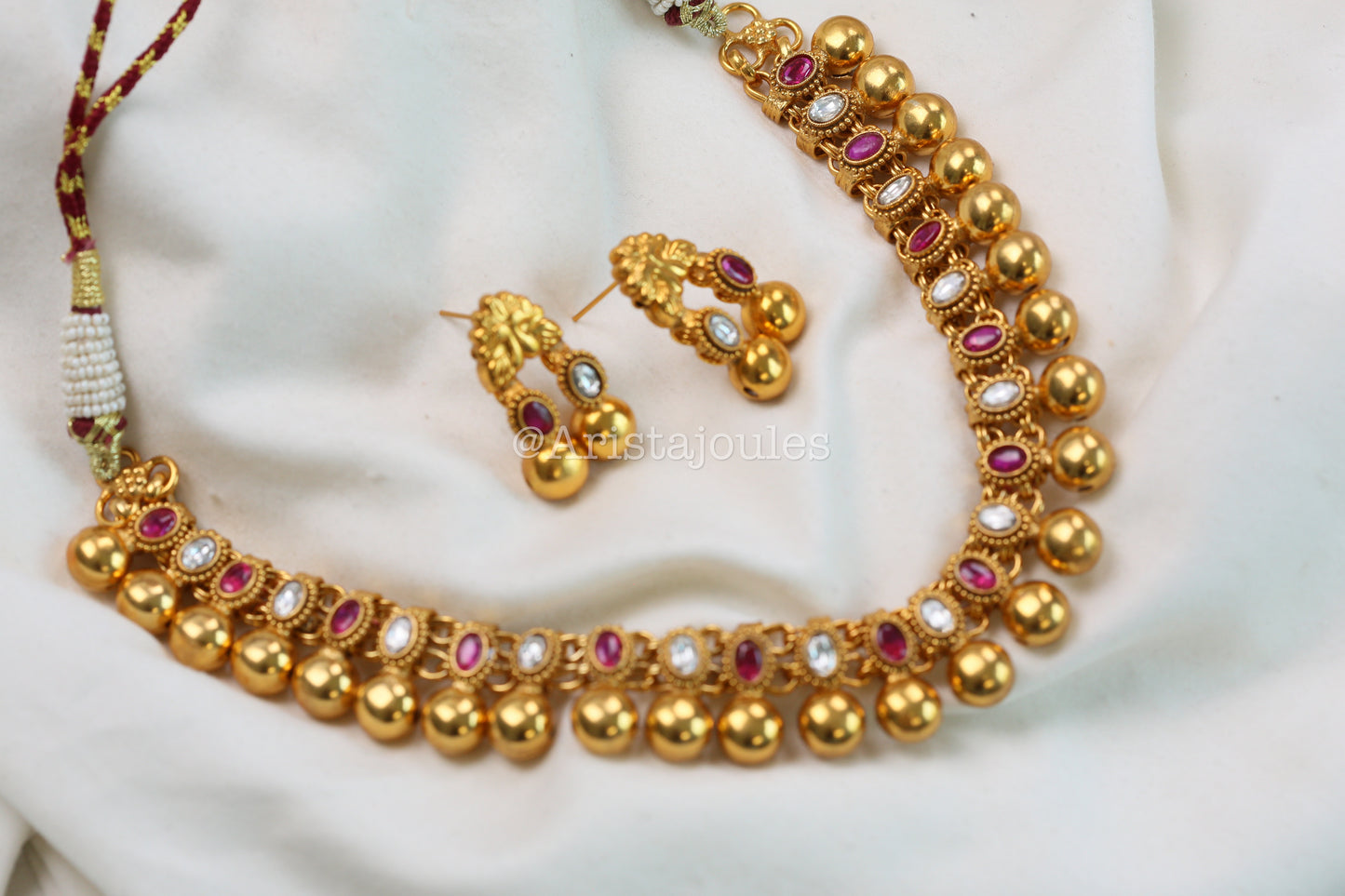 Rohini Antique Gold Kundan Necklace Set - Ruby Clear