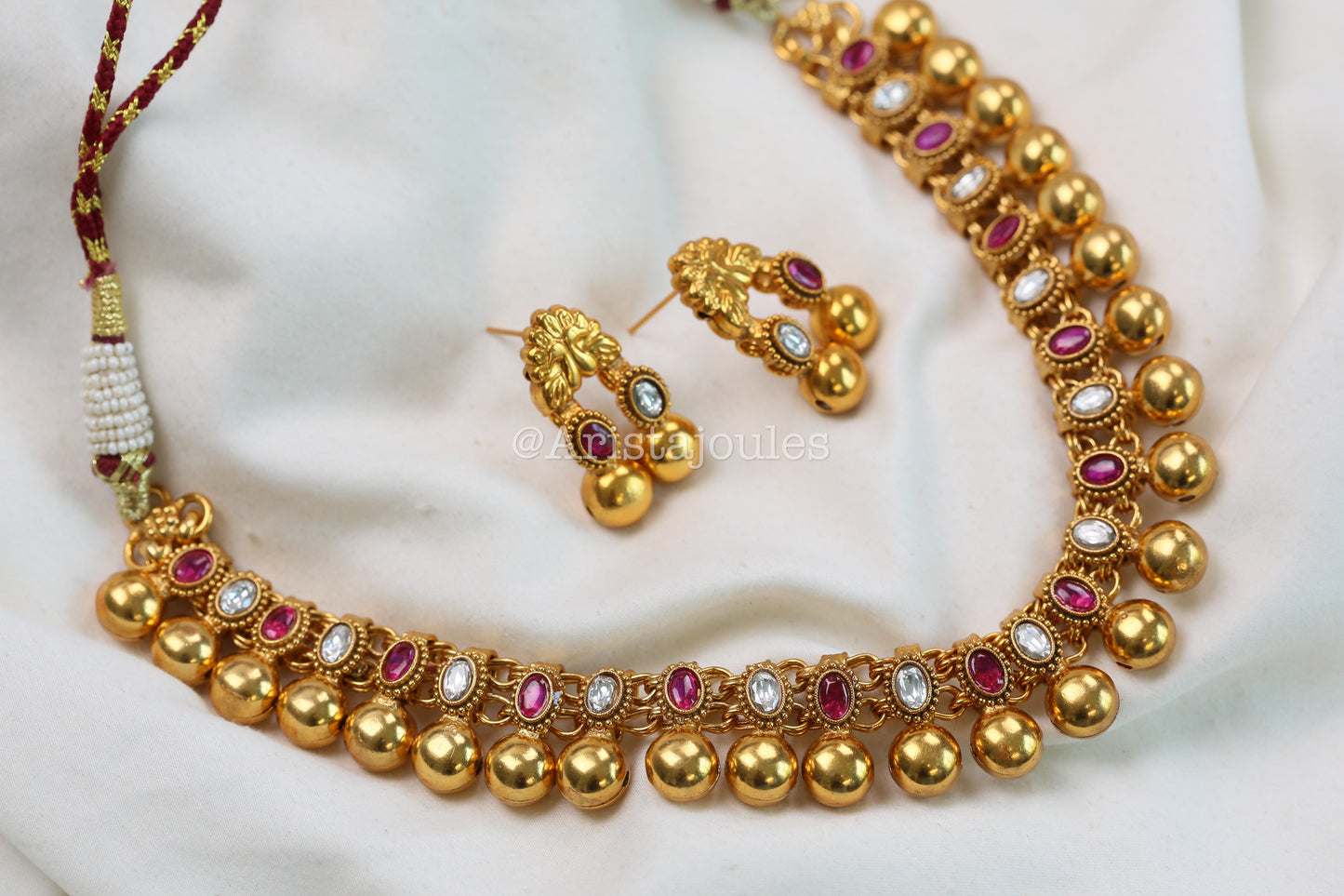Rohini Antique Gold Kundan Necklace Set - Ruby Clear