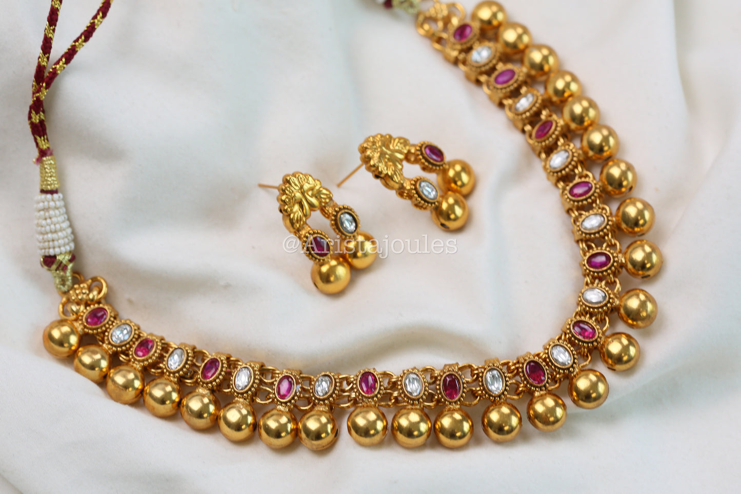Rohini Antique Gold Kundan Necklace Set - Ruby Clear