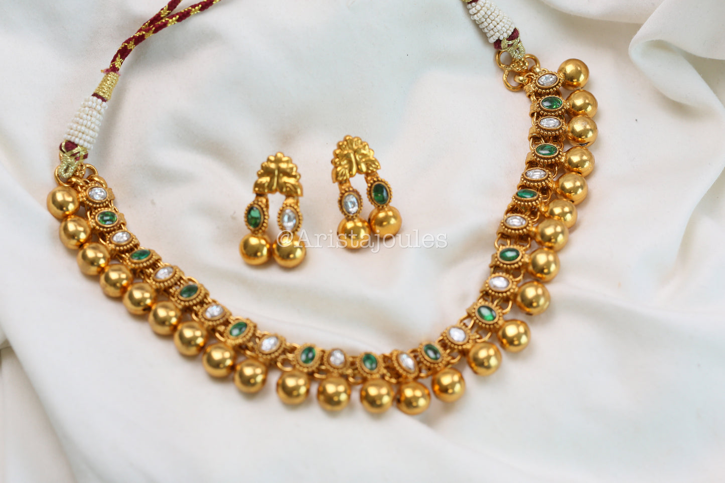 Rohini Antique Gold Kundan Necklace Set - Clear Green