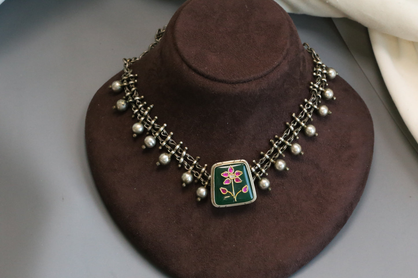 Inlay Kundan Oxidized Necklace - Green 1