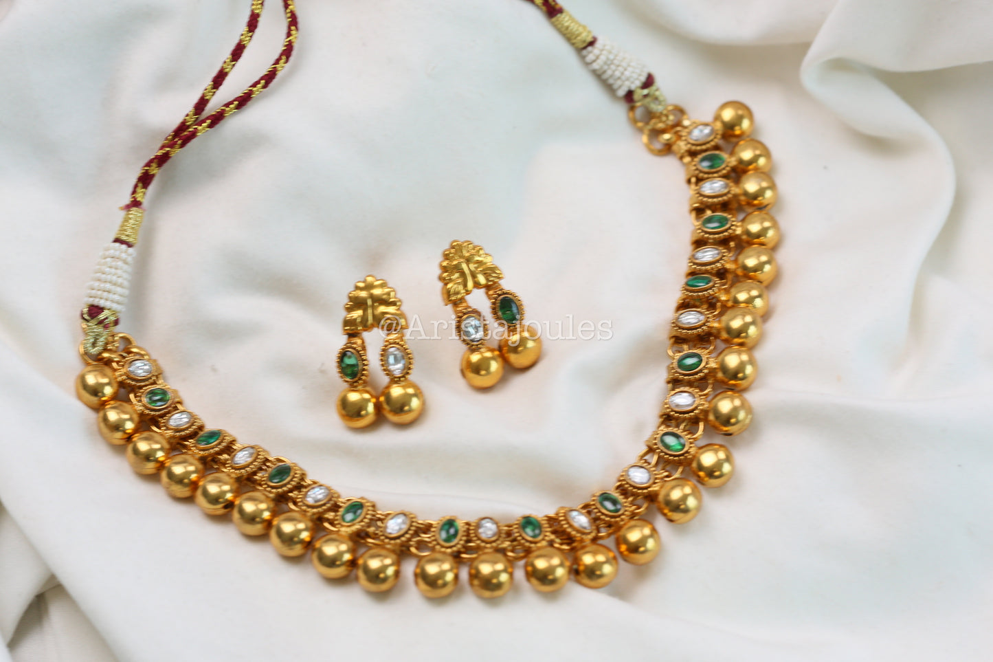 Rohini Antique Gold Kundan Necklace Set - Clear Green