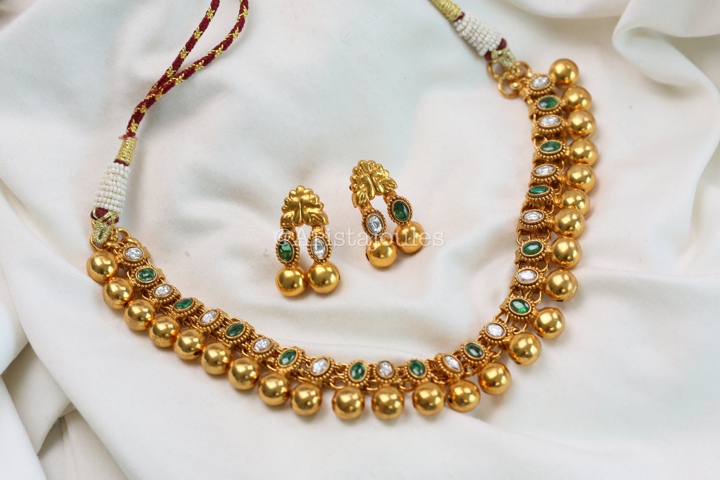Rohini Antique Gold Kundan Necklace Set - Clear Green