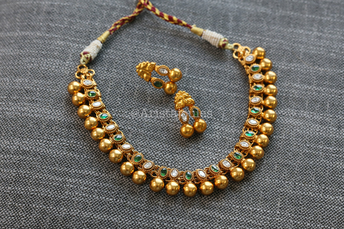 Rohini Antique Gold Kundan Necklace Set - Clear Green