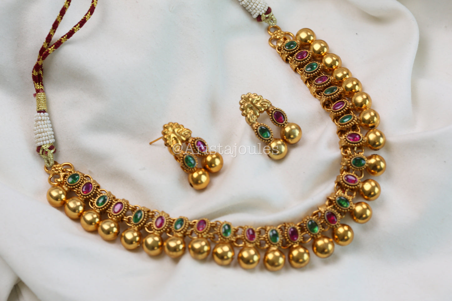 Rohini Antique Gold Kundan Necklace Set - Green Ruby