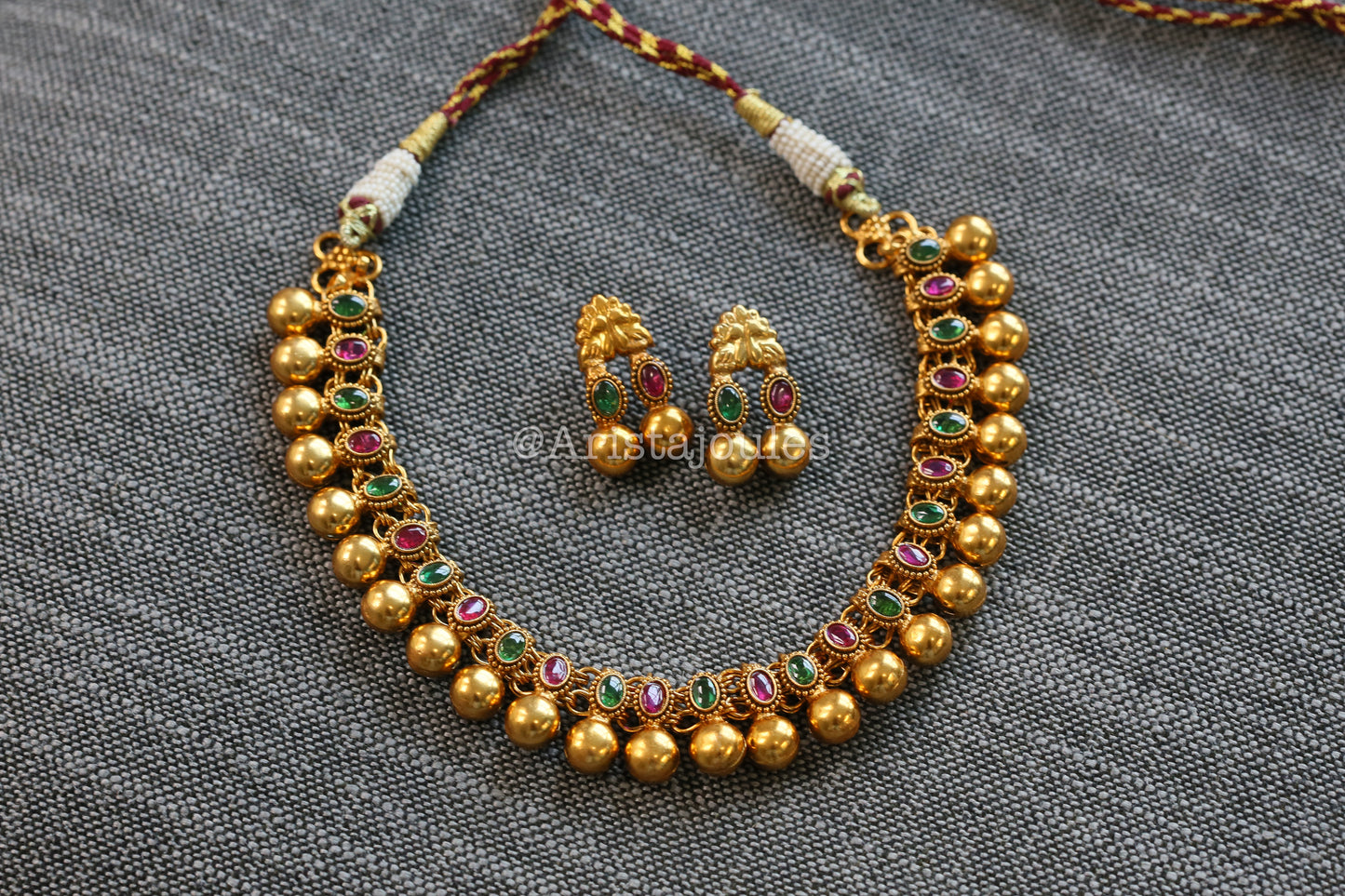 Rohini Antique Gold Kundan Necklace Set - Green Ruby