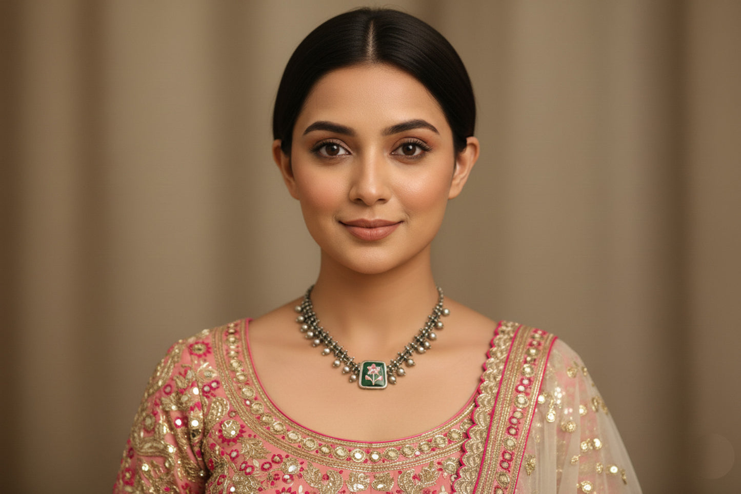 Inlay Kundan Oxidized Necklace - Green 1