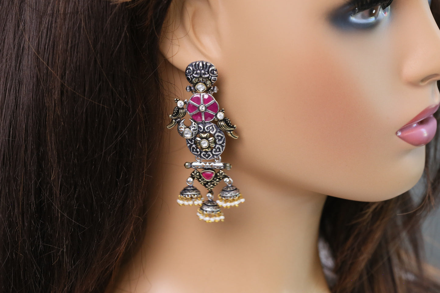 Shyama Dual Tone Jadau Jhumka- Red