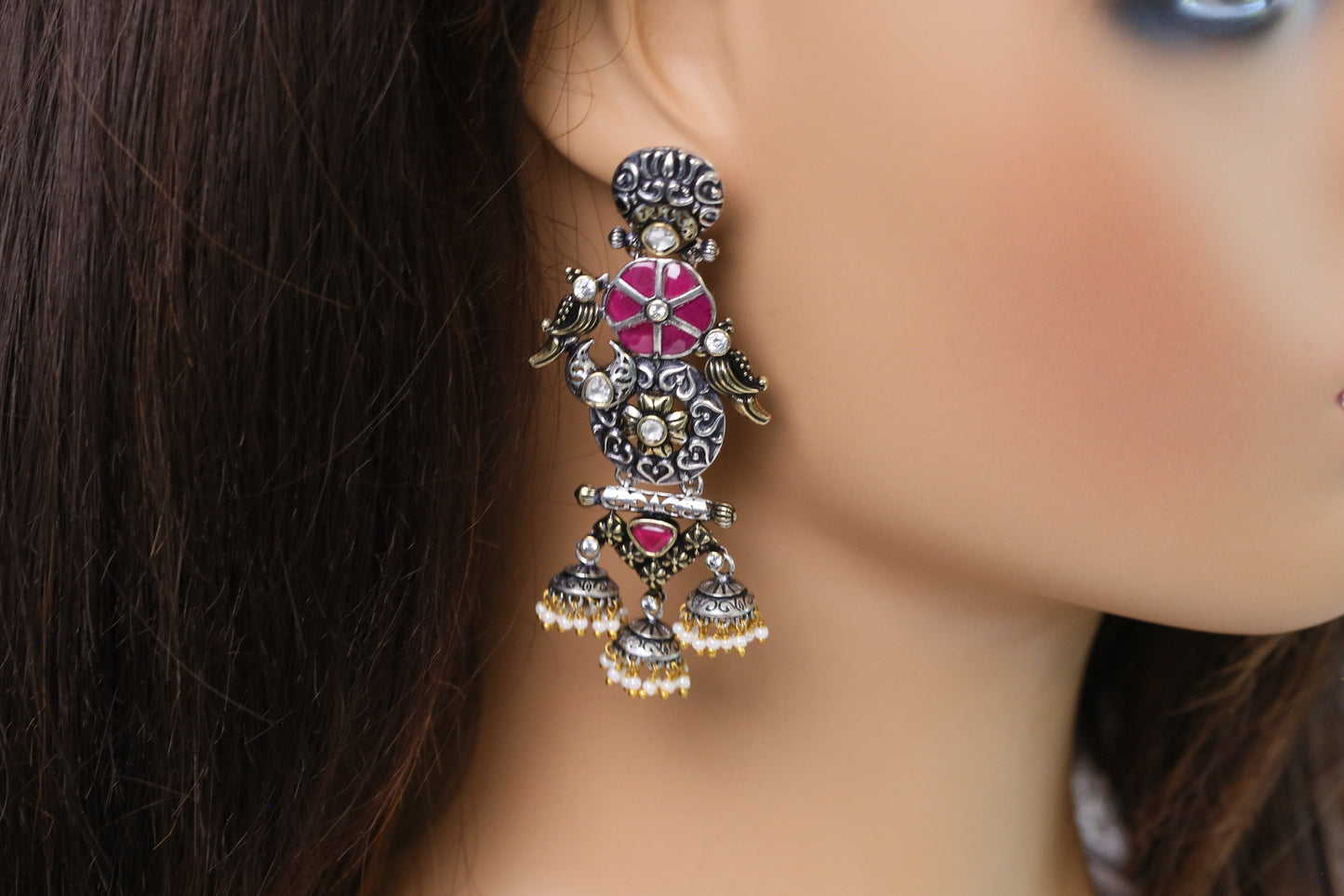 Shyama Dual Tone Jadau Jhumka- Red