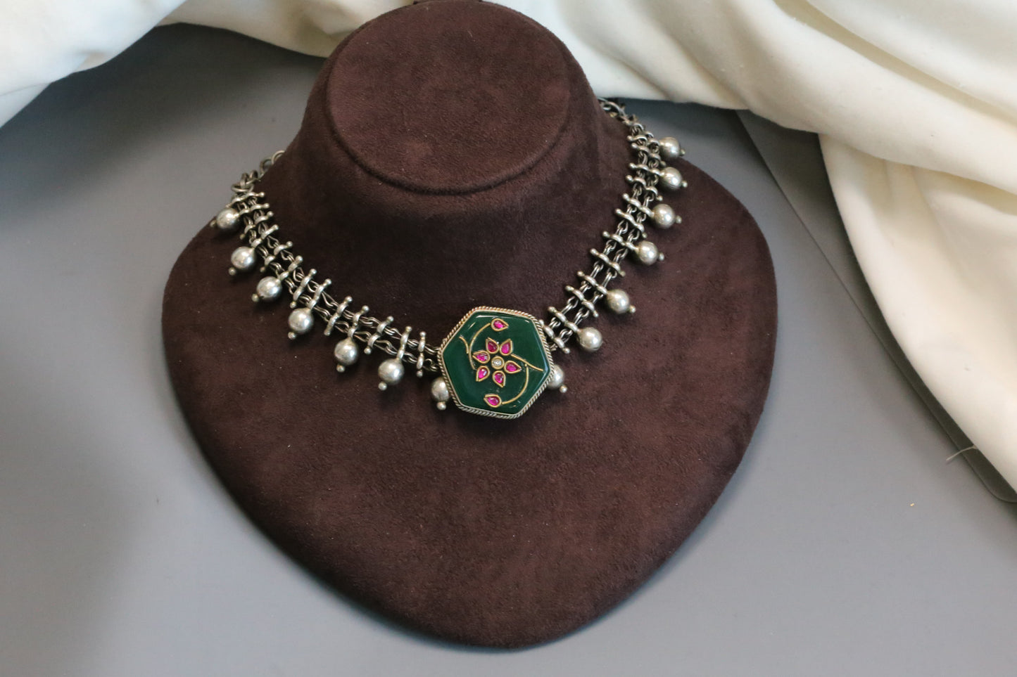 Inlay Kundan Oxidized Necklace - Green 3