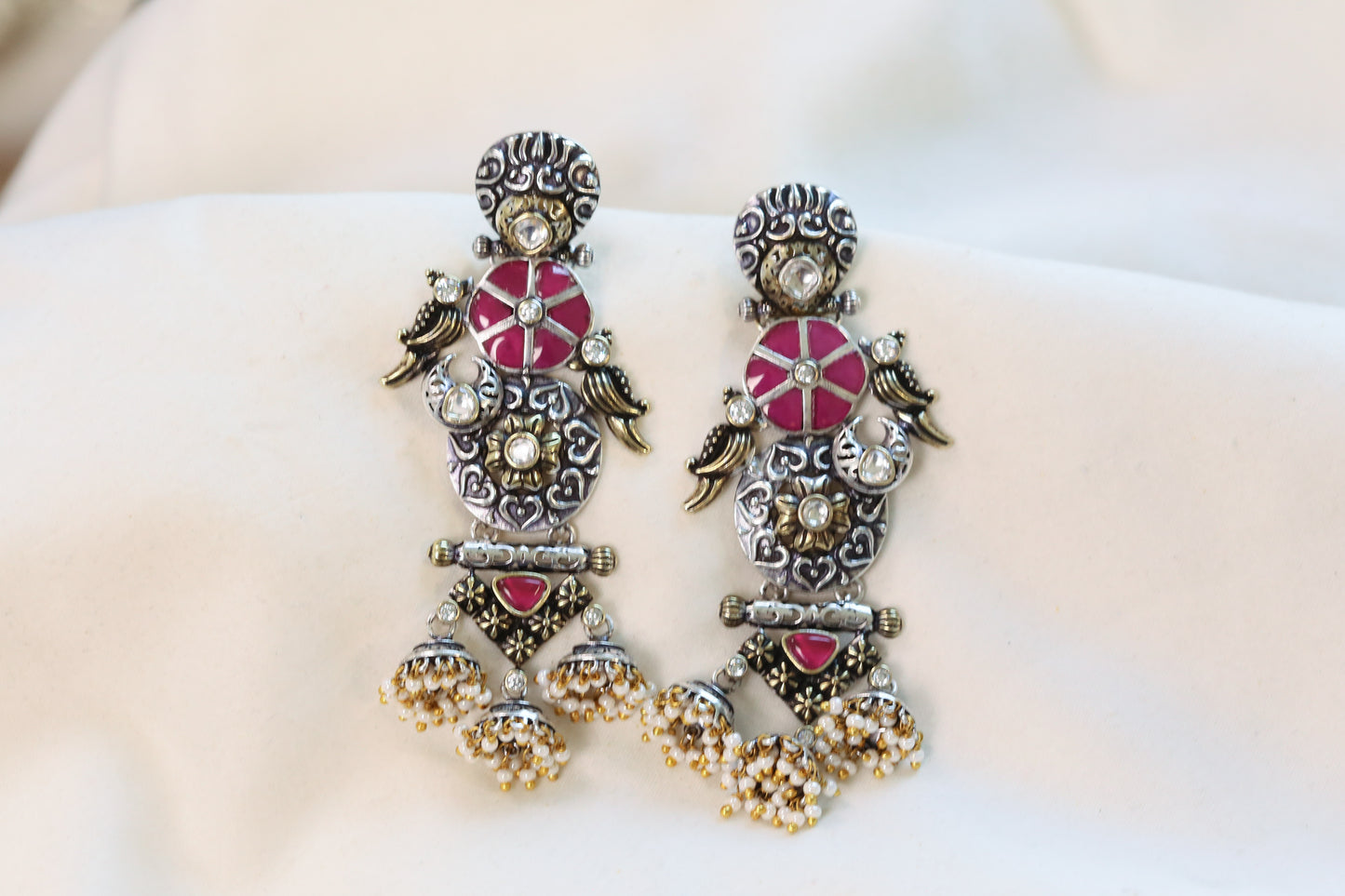 Shyama Dual Tone Jadau Jhumka- Red