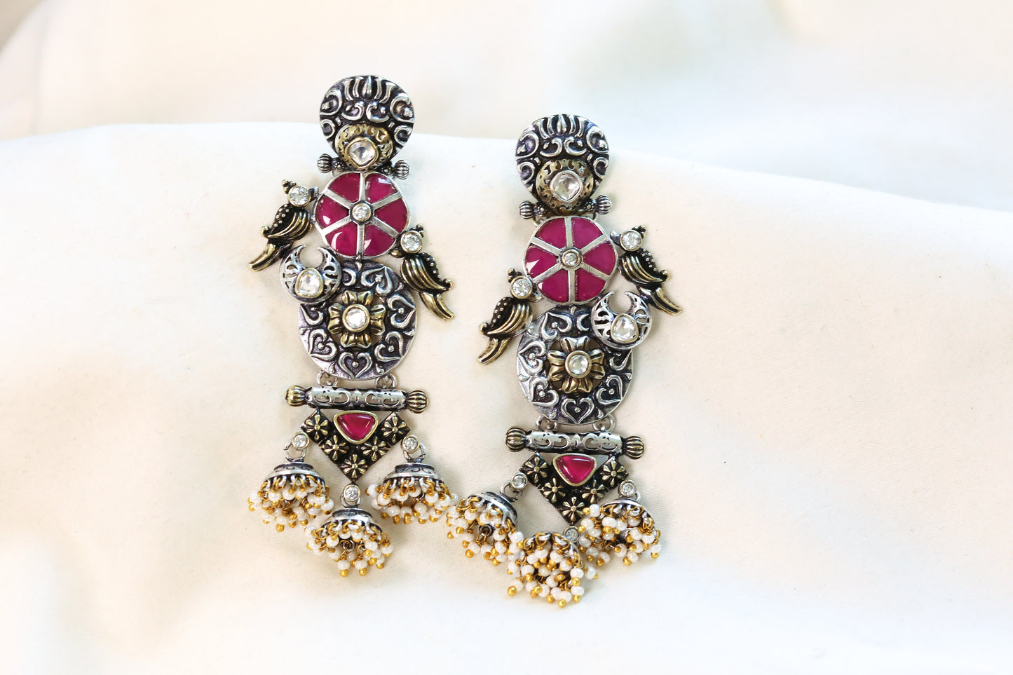 Shyama Dual Tone Jadau Jhumka- Red