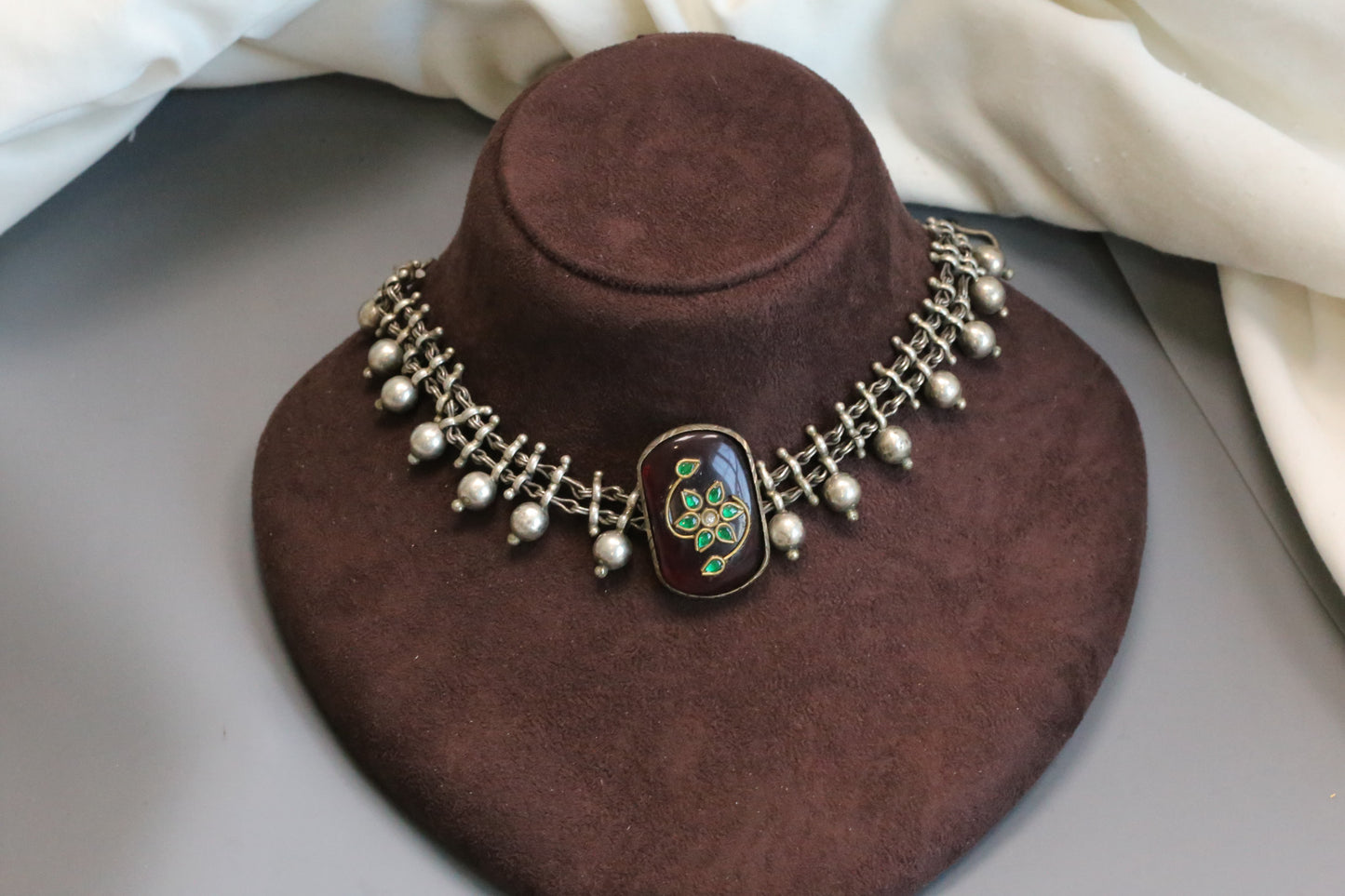 Inlay Kundan Oxidized Necklace - Red