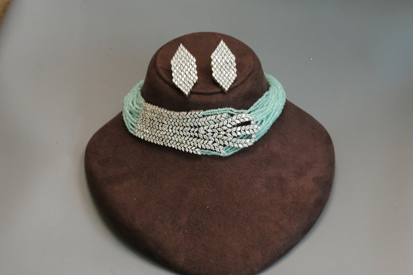Mint Crystal Beaded CZ Choker Set