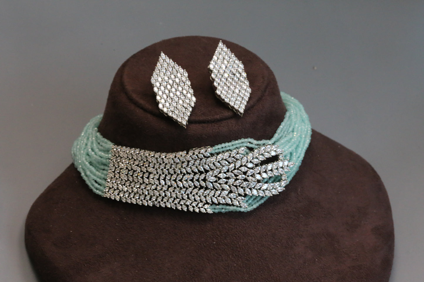 Mint Crystal Beaded CZ Choker Set
