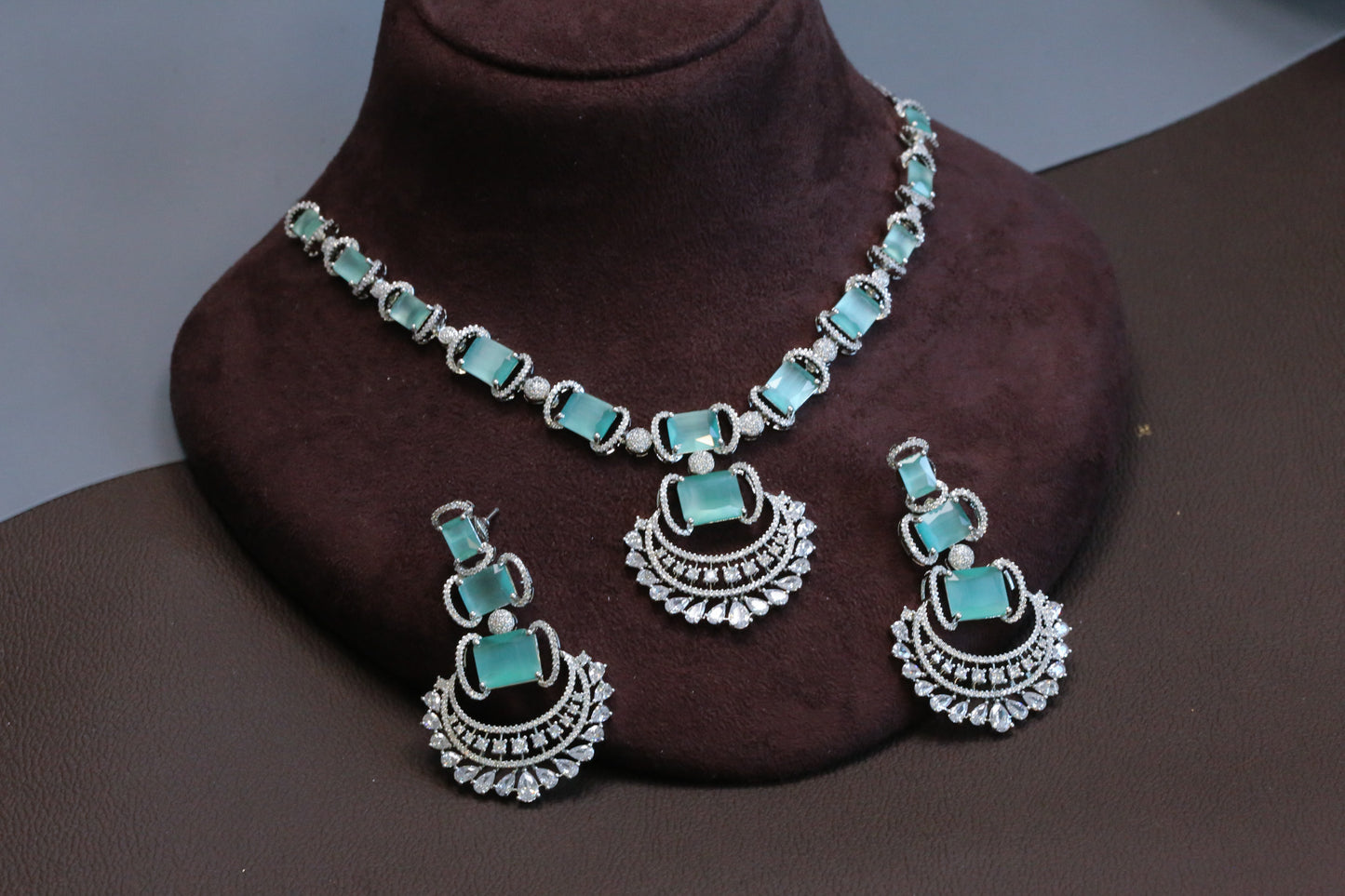 Ridhi Chandbaali CZ Necklace Set - Mint