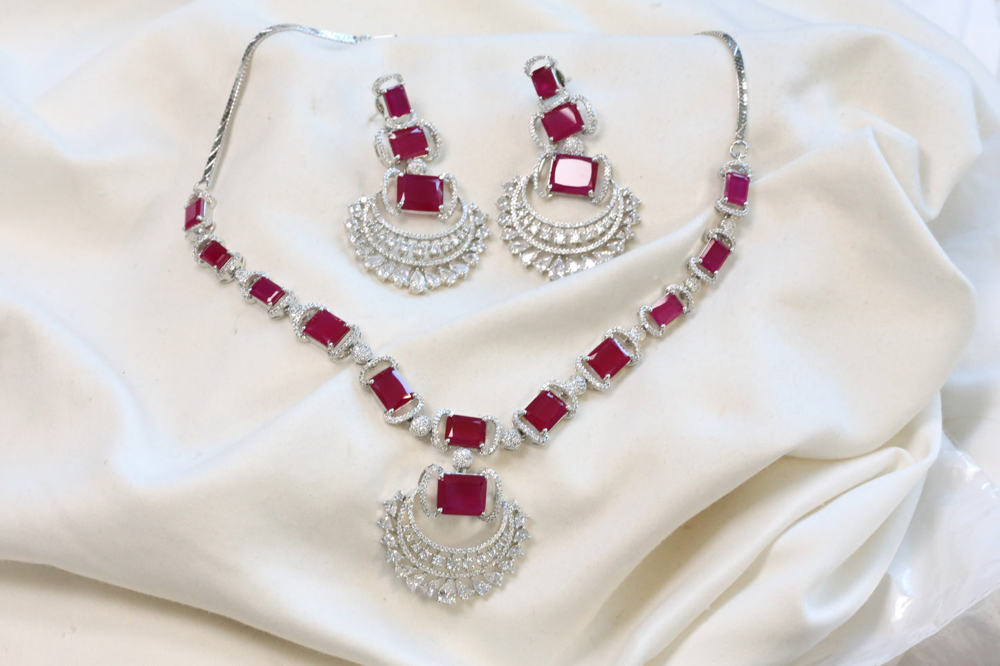 Ridhi Chandbaali CZ Necklace Set - Ruby