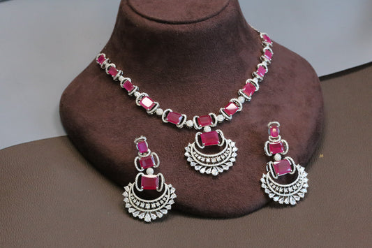 Ridhi Chandbaali CZ Necklace Set - Ruby
