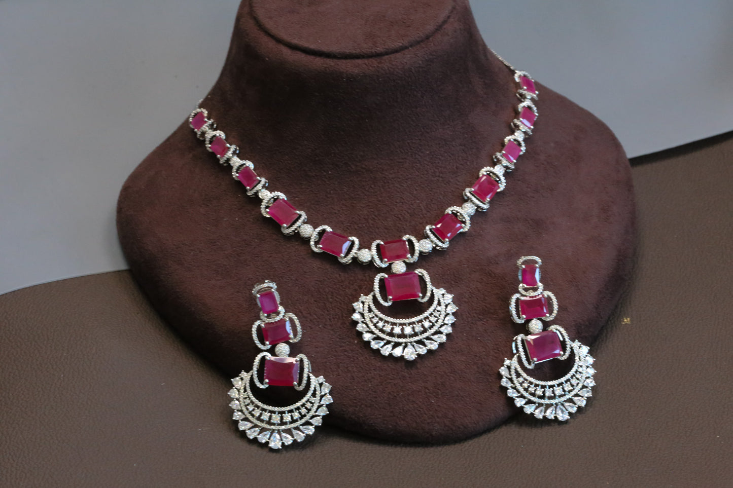Ridhi Chandbaali CZ Necklace Set - Ruby