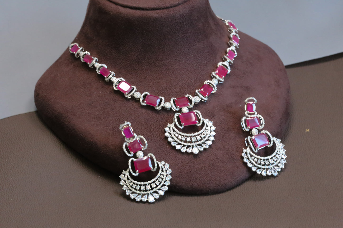 Ridhi Chandbaali CZ Necklace Set - Ruby