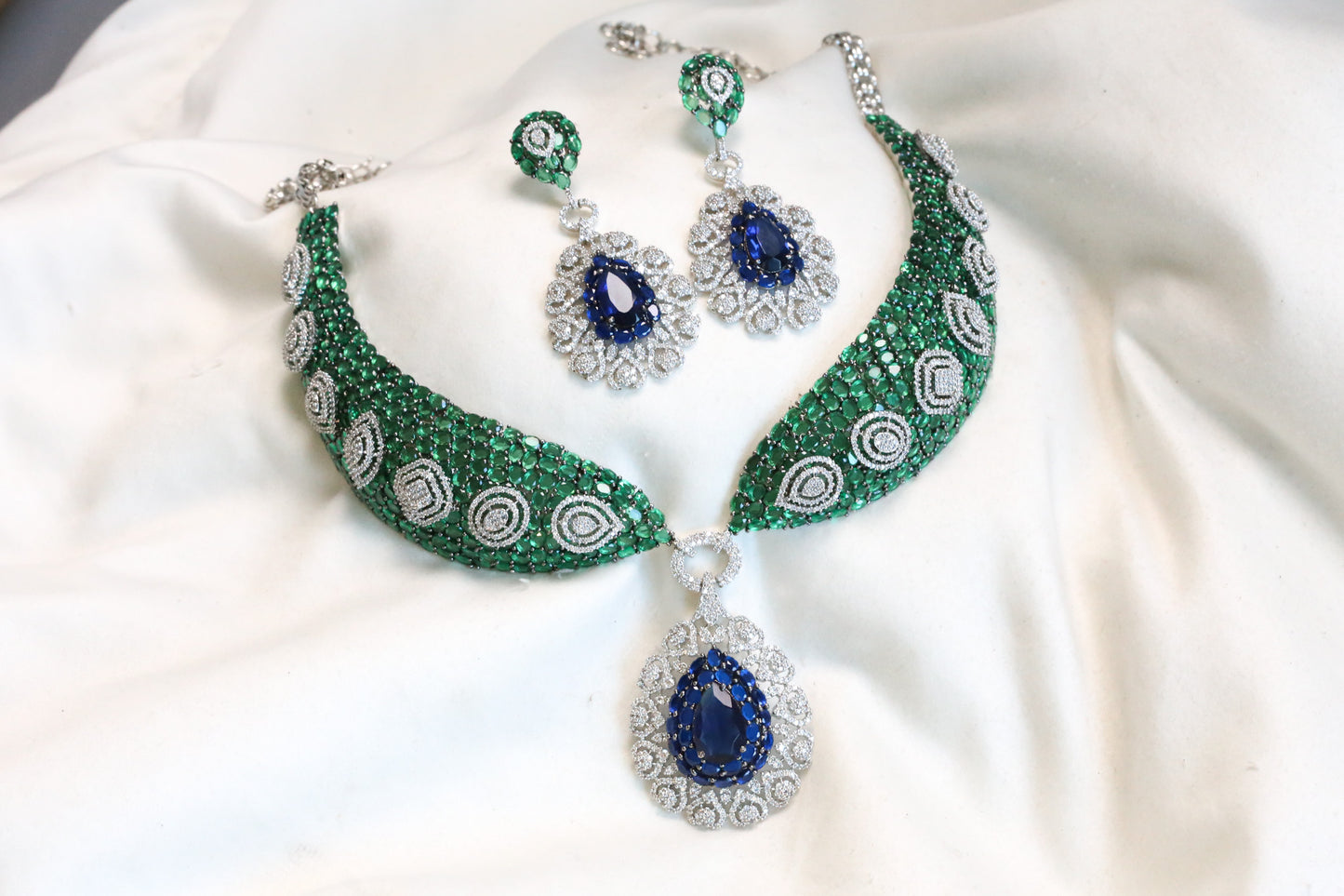 Mahira Premium CZ Doublet Necklace Set - Green Blue