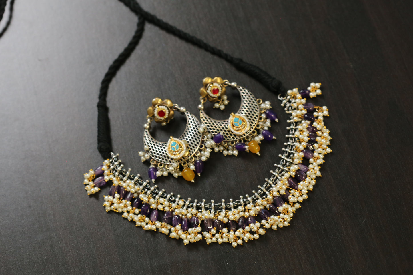 Sirisa Dual Tone Oxidized Necklace Set - Amehyst (T103-28)