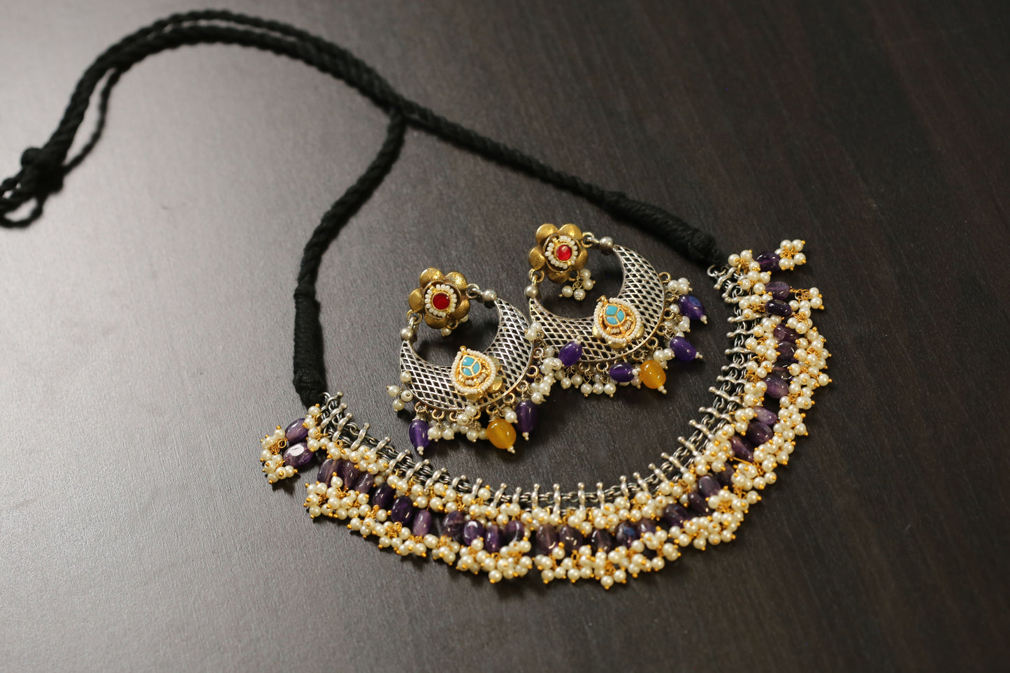 Sirisa Dual Tone Oxidized Necklace Set - Amehyst (T103-28)