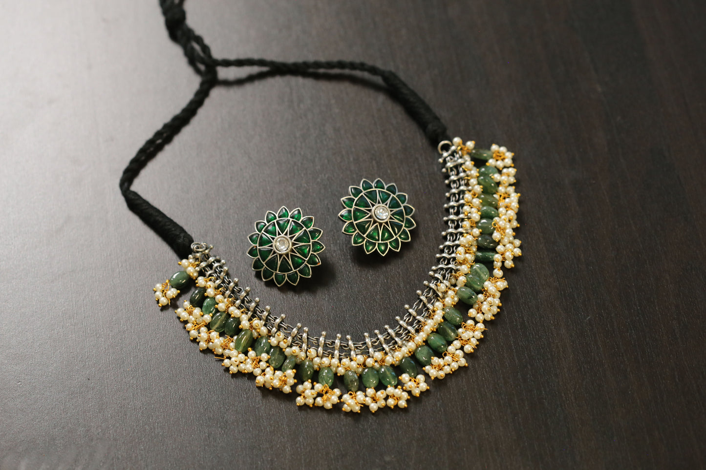 Sirisa Dual Tone Oxidized Necklace Set - Aventurine(T103-29)