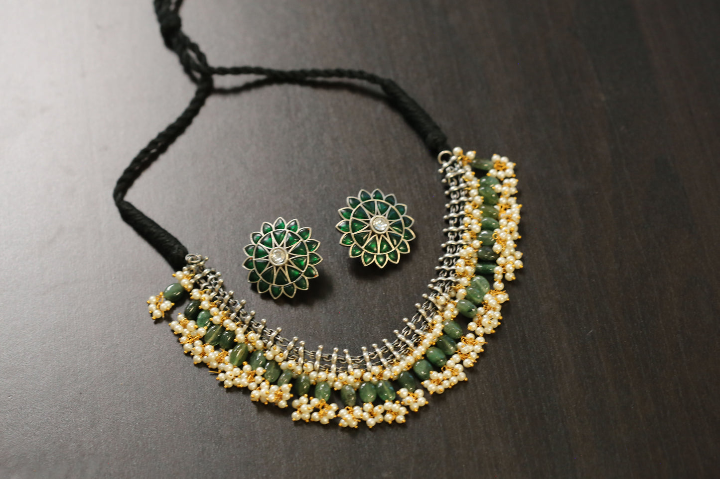 Sirisa Dual Tone Oxidized Necklace Set - Aventurine(T103-29)