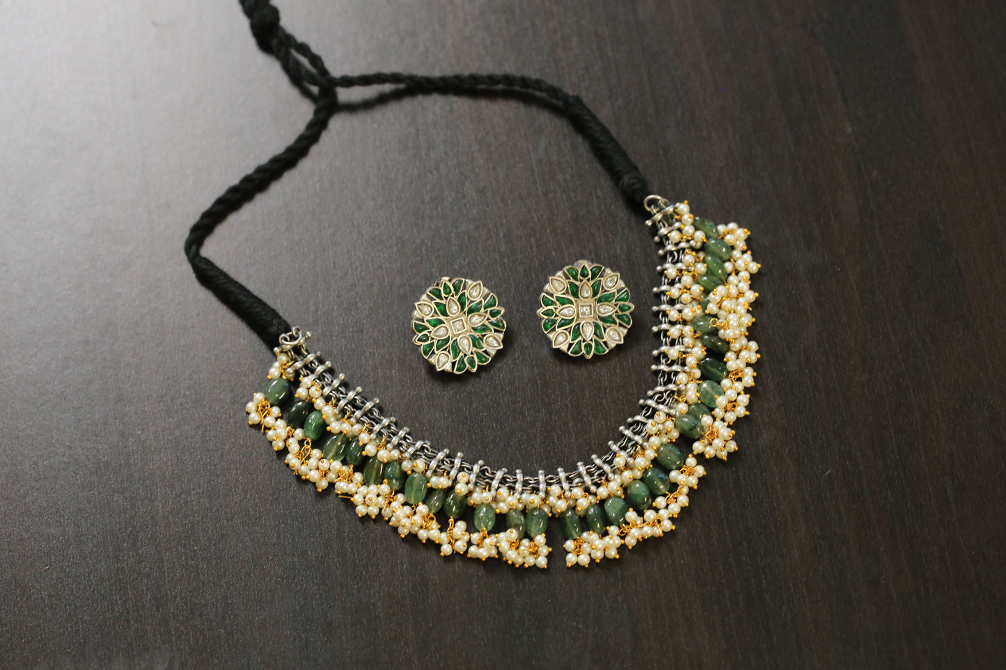 Sirisa Dual Tone Oxidized Necklace Set - Aventurine(T103-29)