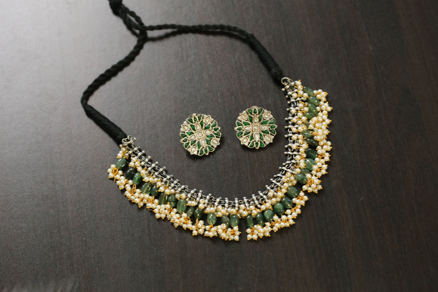 Sirisa Dual Tone Oxidized Necklace Set - Aventurine(T103-29)