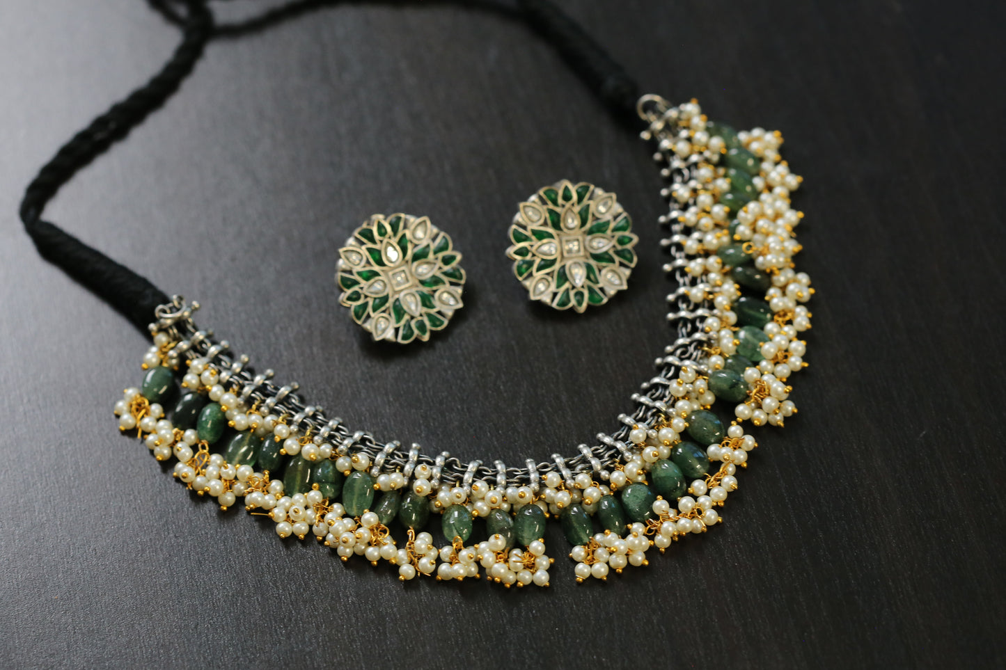 Sirisa Dual Tone Oxidized Necklace Set - Aventurine(T103-29)