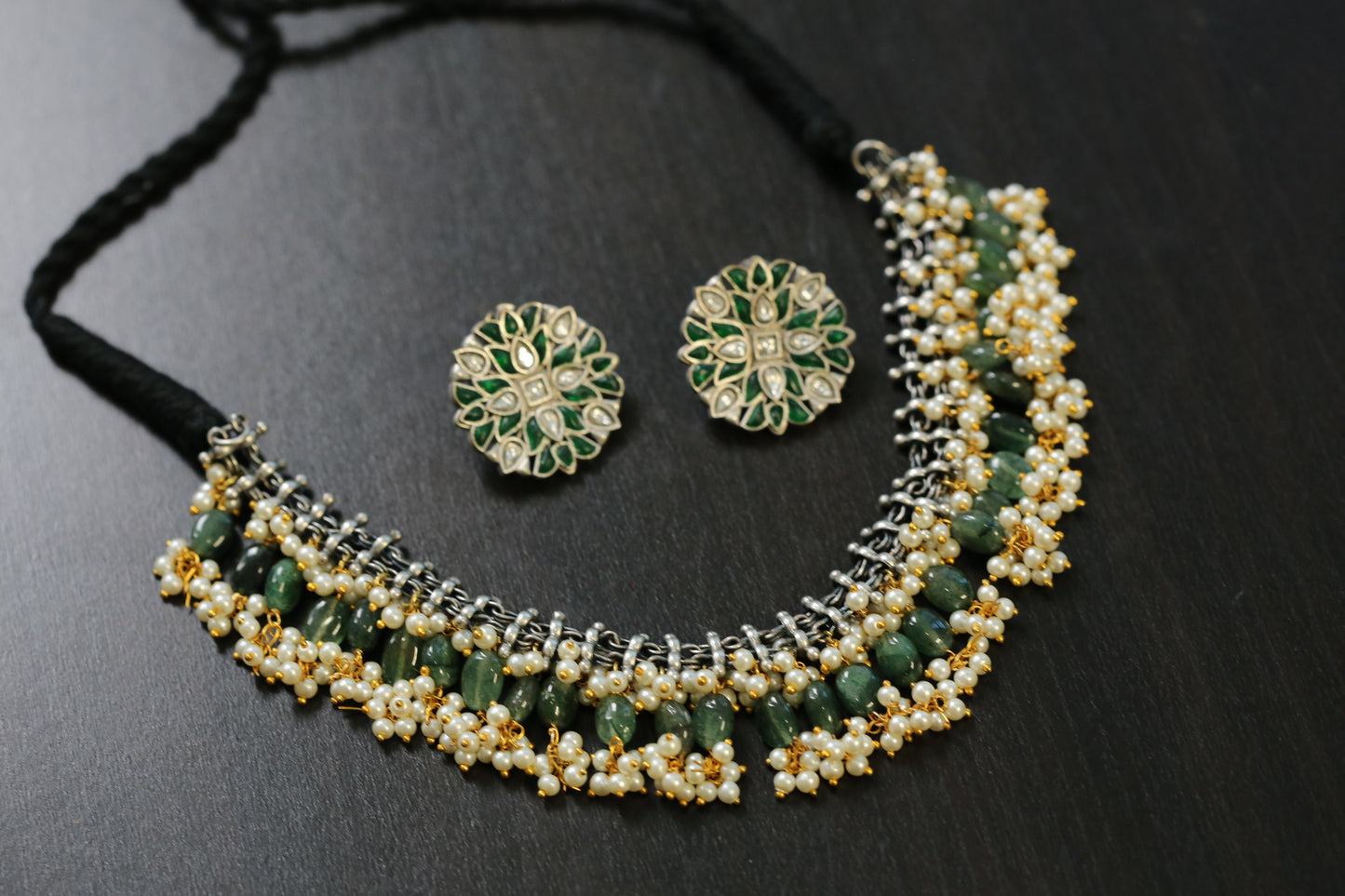 Sirisa Dual Tone Oxidized Necklace Set - Aventurine(T103-29)
