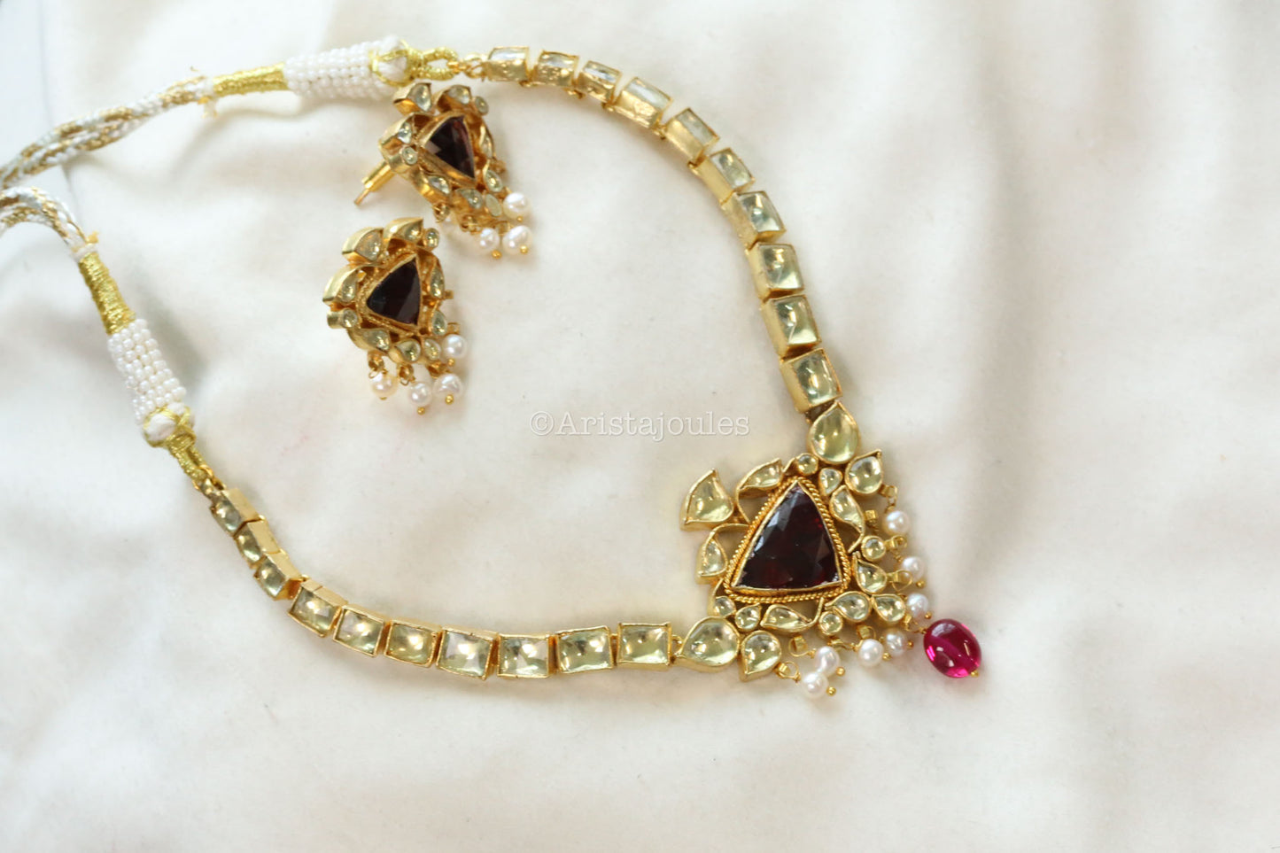 Suvarna Fresh Water Pearls, Rohodolite & Yellow Polki Kundan Set