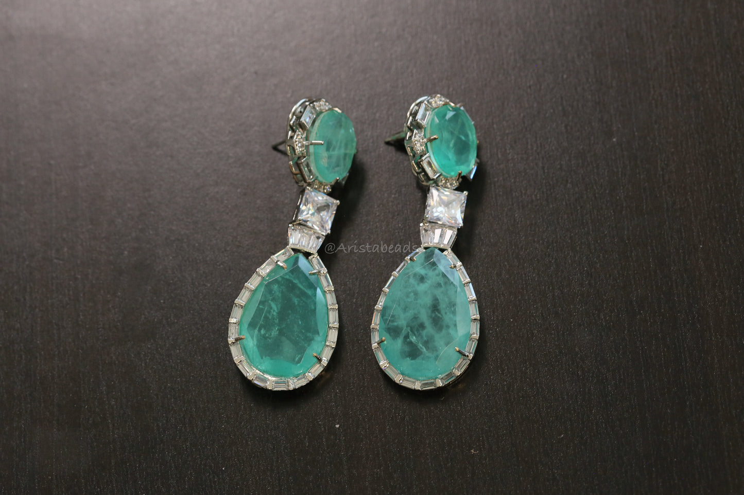 Nora Doublet Silver Finish Earrings (101-88)- Aqua