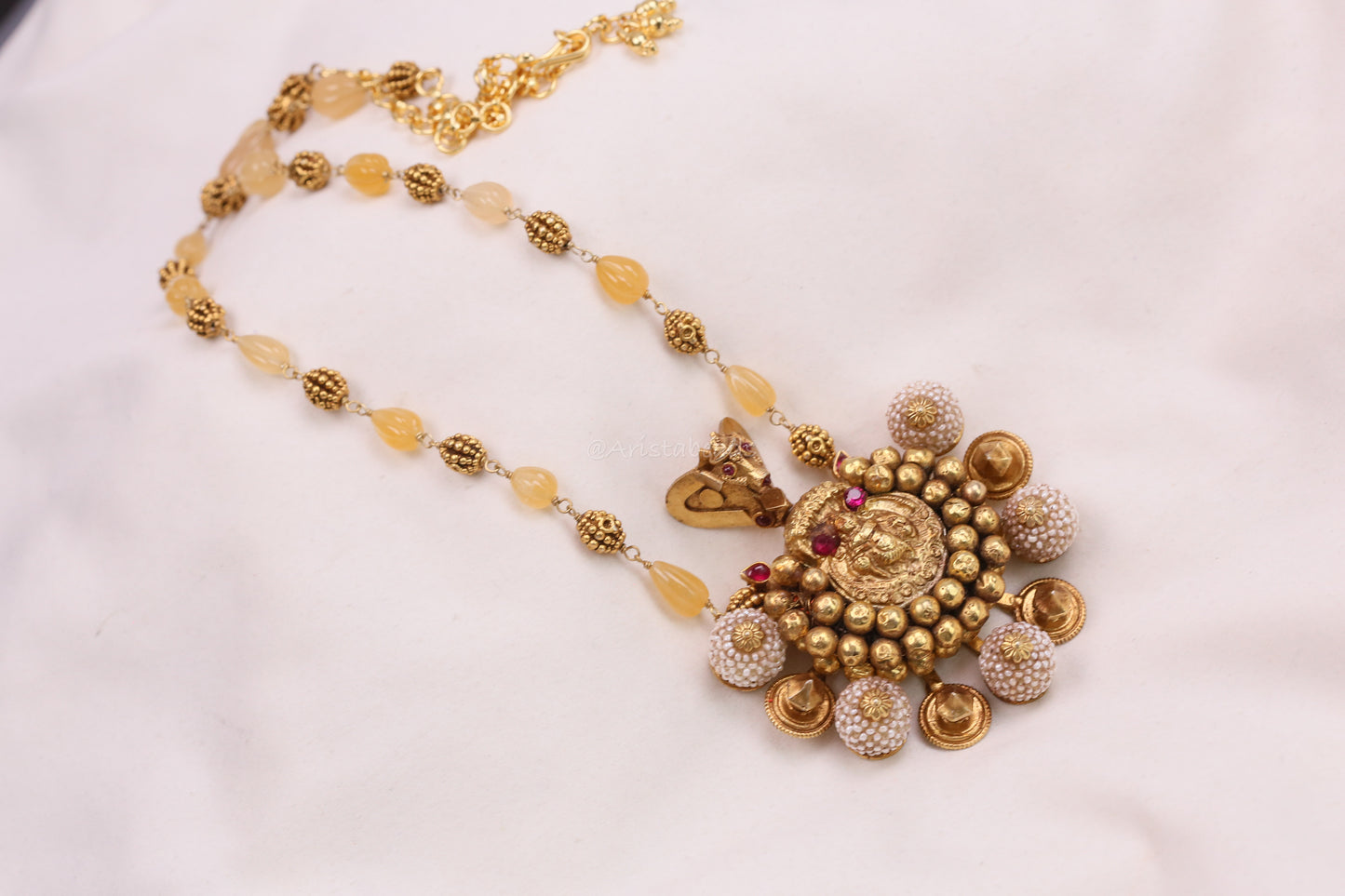 Vintage 925 Silver 3D Nandi Nagaru Pendant in Silver & Citrine Beads Mala