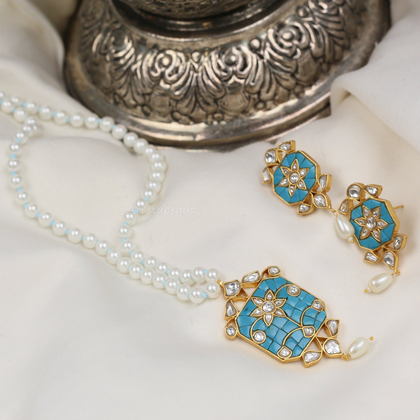 Jadau Takkar Kundan Work Necklace Set (104-13) - Turquoise