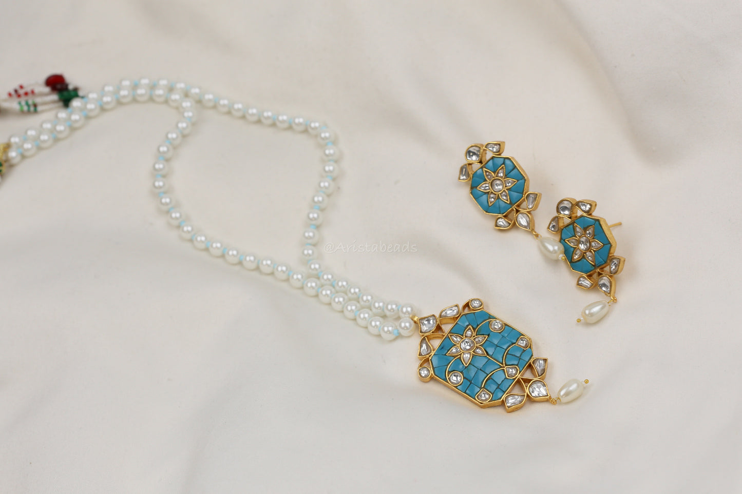 Jadau Takkar Kundan Work Necklace Set (104-13) - Turquoise