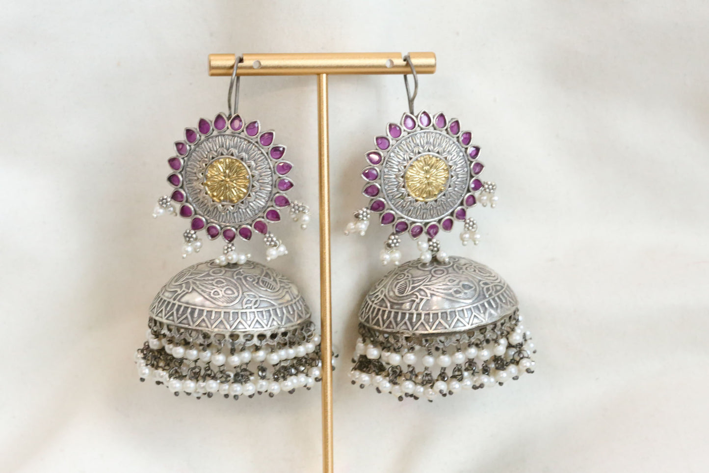 Fish Hook Dual Tone Earrings - Ruby