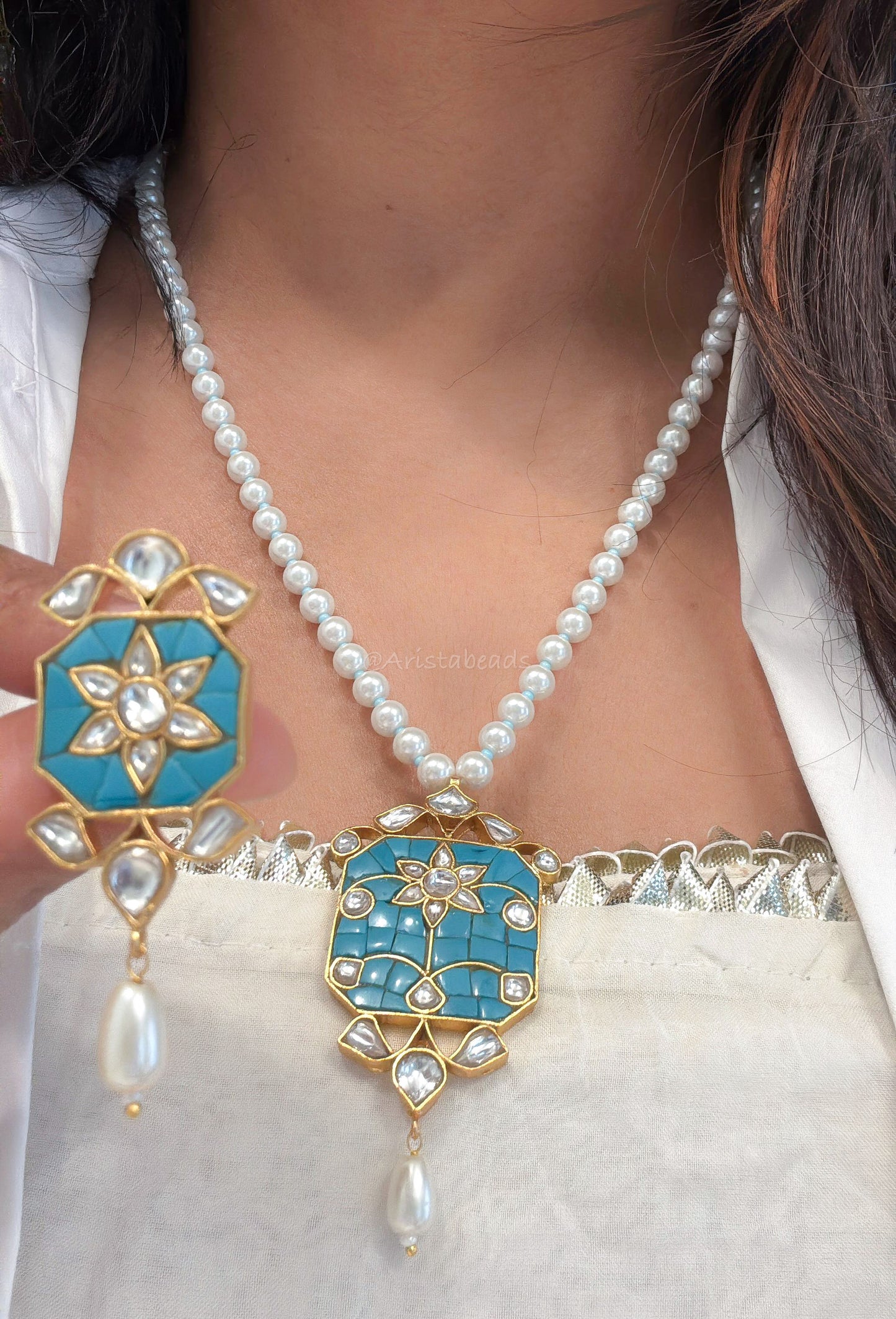 Jadau Takkar Kundan Work Necklace Set (104-13) - Turquoise