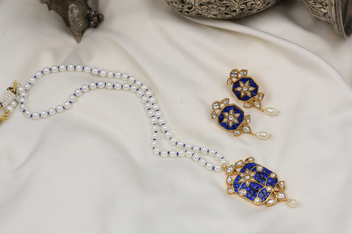 Jadau Takkar Kundan Work Necklace Set (104-14) - Blue