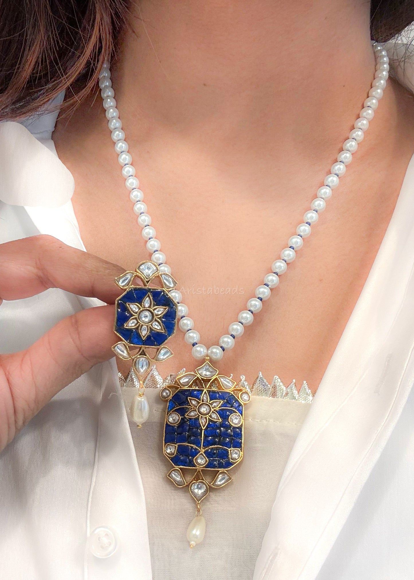 Jadau Takkar Kundan Work Necklace Set (104-14) - Blue