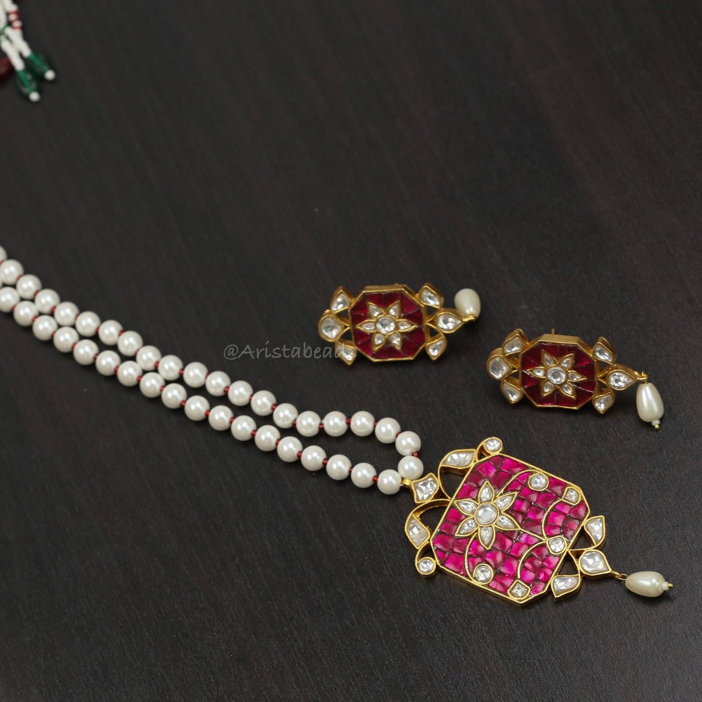 Jadau Takkar Kundan Work Necklace Set (104-15) - Ruby Pink