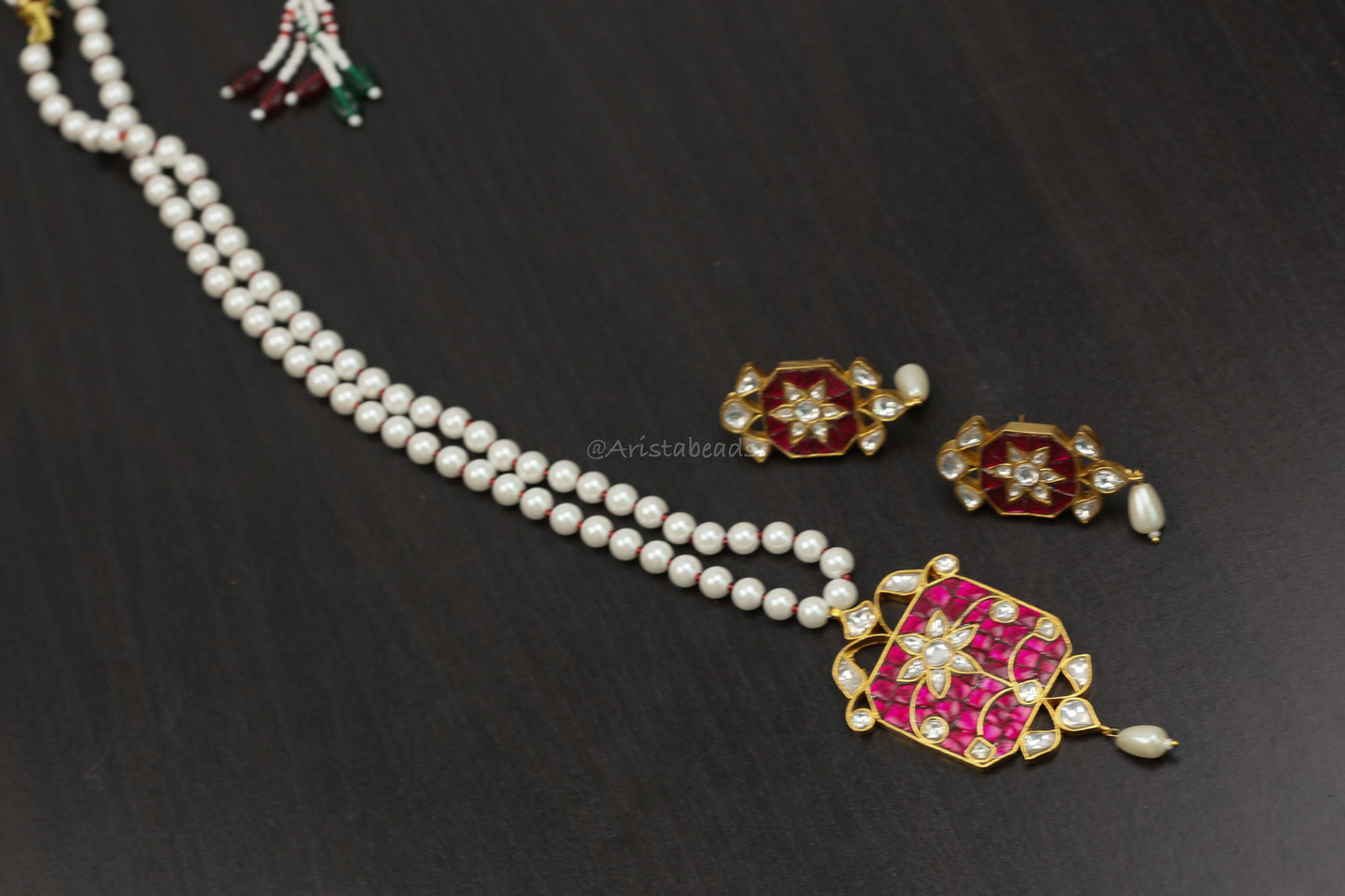 Jadau Takkar Kundan Work Necklace Set (104-15) - Ruby Pink