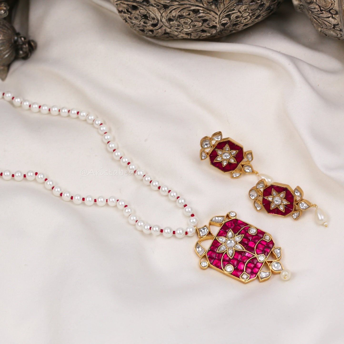 Jadau Takkar Kundan Work Necklace Set (104-15) - Ruby Pink