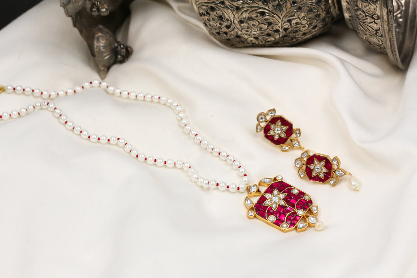 Jadau Takkar Kundan Work Necklace Set (104-15) - Ruby Pink