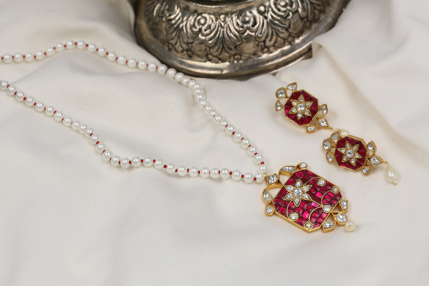 Jadau Takkar Kundan Work Necklace Set (104-15) - Ruby Pink