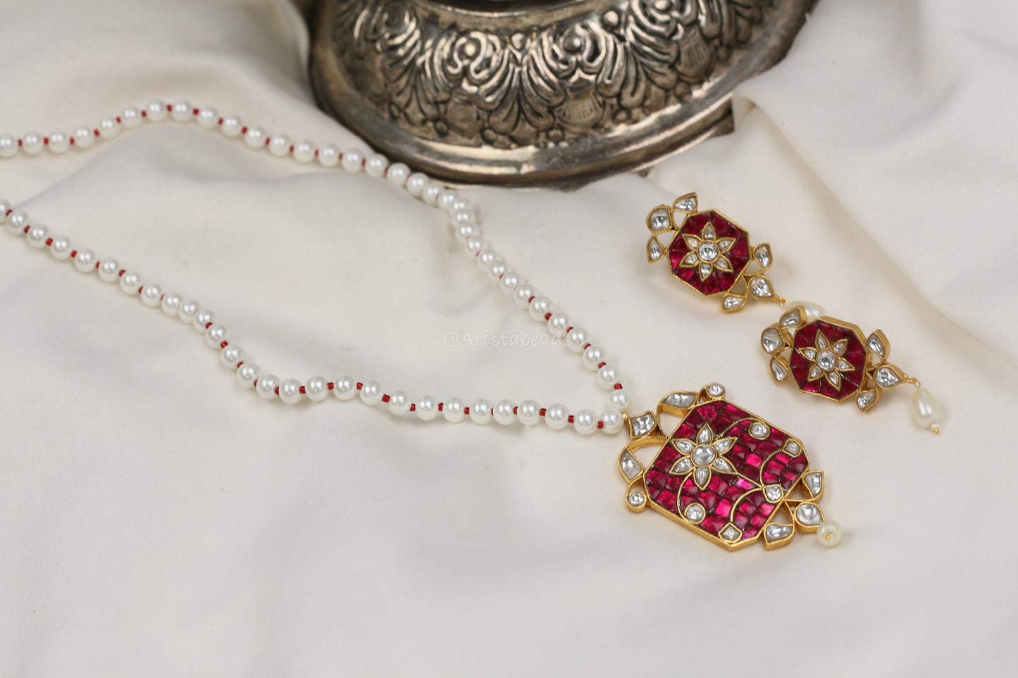 Jadau Takkar Kundan Work Necklace Set (104-15) - Ruby Pink