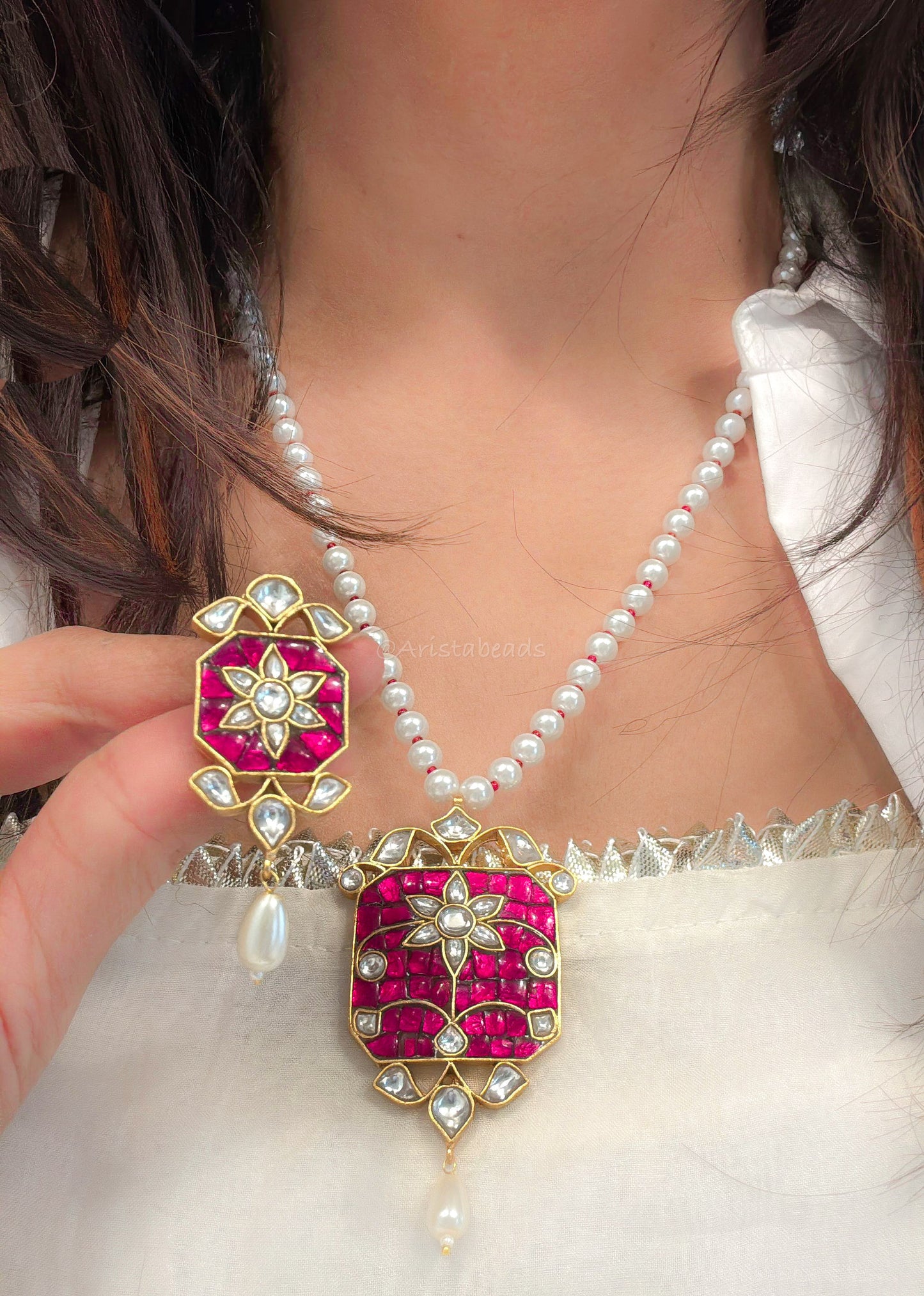 Jadau Takkar Kundan Work Necklace Set (104-15) - Ruby Pink